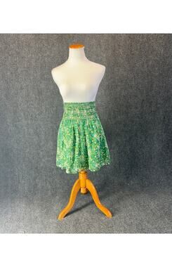 Zara Basic Womens SZ M Green Ditsy Floral Smocked High Waist Mini Skirt Boho